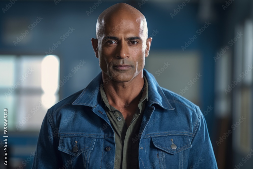Portrait of a blissful indian man in his 40s sporting a rugged denim jacket in modern minimalist interior Portrait of a blissful indian man in his 40s sporting a rugged denim jacket in modern minimalist interior