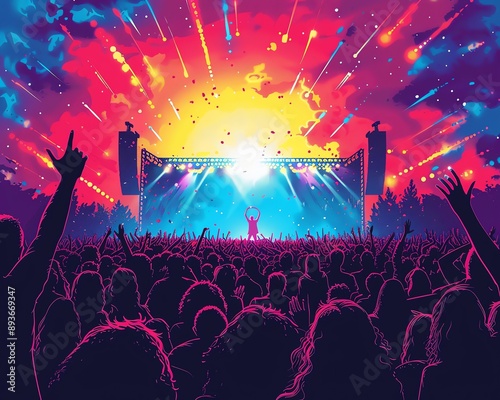 Pop art styled musical festival scene, with lively crowds, vibrant stage lights, and energetic performers, capturing the excitement and atmosphere photo