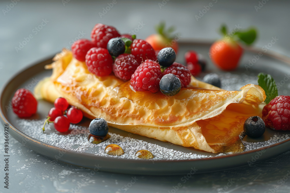Minimalist design featuring a single, artfully crafted crepe with berries, on a plain light gray backdrop, Minimalist design featuring a single, artfully crafted crepe with berries, on a plain light gray backdrop,