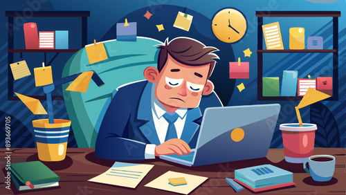 Tired businessman exhausted, a lazy and unproductive young man dozing off.
