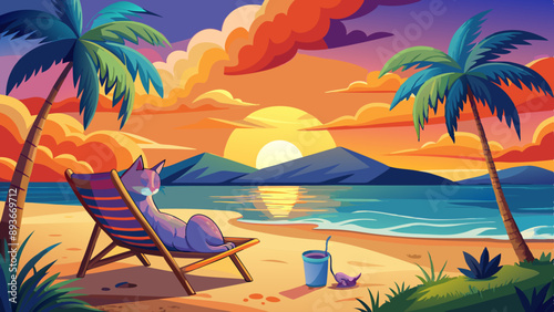  lazy cat lying on a chair facing a breathtaking sunset on the beach.