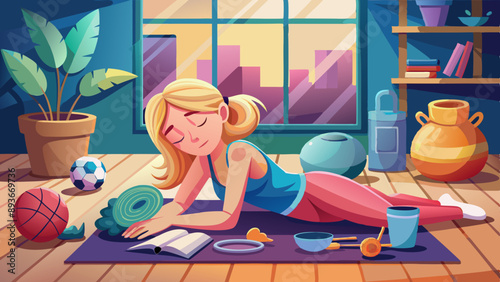 Young woman with sports equipment sleeping on a yoga mat indoors
