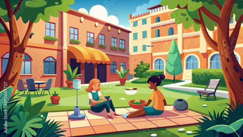 Two people relaxing in the courtyard during the summer day
