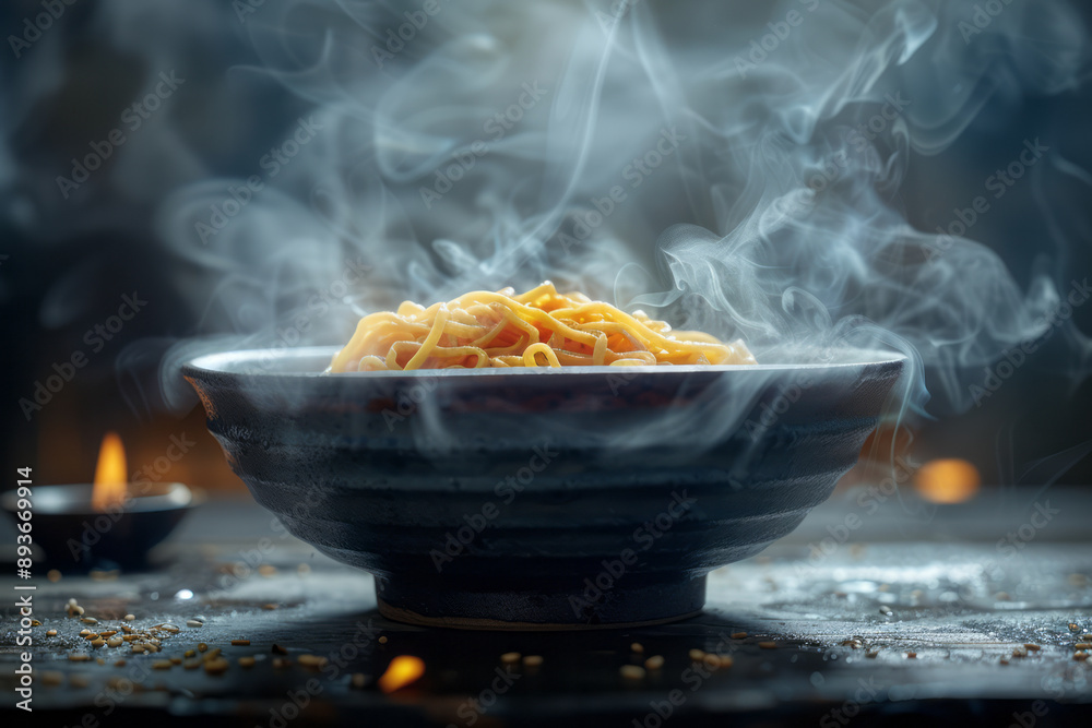 Minimalist aesthetic depiction of a single, steaming bowl of ramen on a dark background, Minimalist aesthetic depiction of a single, steaming bowl of ramen on a dark background,