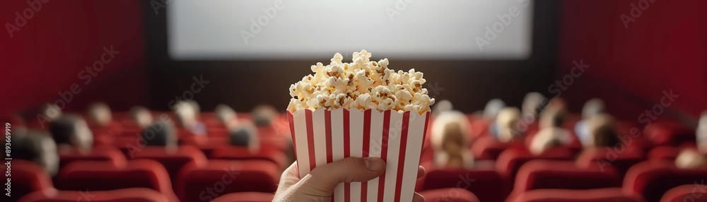 A hand holding popcorn in a movie theater with a blurry audience and screen in the background, capturing the essence of a cinematic experience. A hand holding popcorn in a movie theater with a blurry audience and screen in the background, capturing the essence of a cinematic experience.