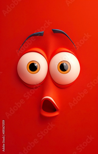 3D surprised red cartoon face with wide eyes and open mouth, perfect for expressing shock and amazement