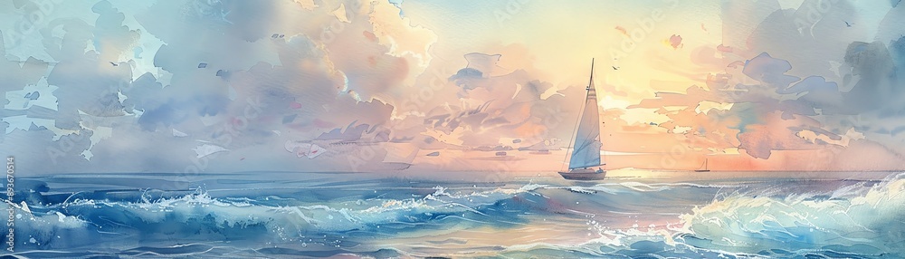 Naklejka premium Calming seascape in watercolor, with gentle waves, a distant sailboat, and a soft, pastel sky, evoking peace and relaxation