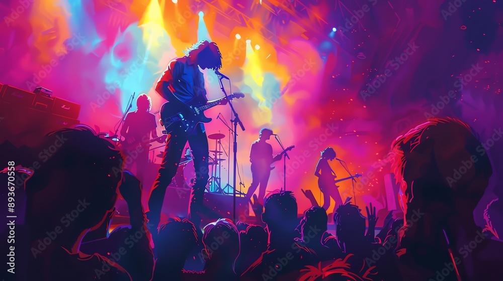 © nitiroj - Dynamic pop art concert scene, with vibrant lights, energetic performers, and bold color contrasts, showcasing the excitement of live music © nitiroj - Dynamic pop art concert scene, with vibrant lights, energetic performers, and bold color contrasts, showcasing the excitement of live music