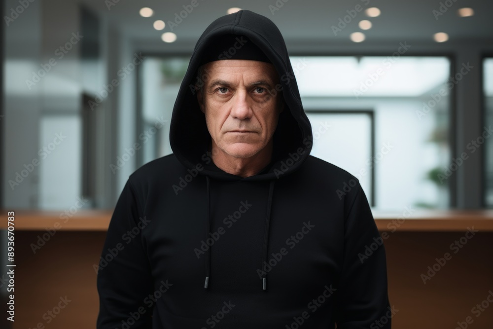 Portrait of a content man in his 50s sporting a comfortable hoodie isolated in modern minimalist interior Portrait of a content man in his 50s sporting a comfortable hoodie isolated in modern minimalist interior