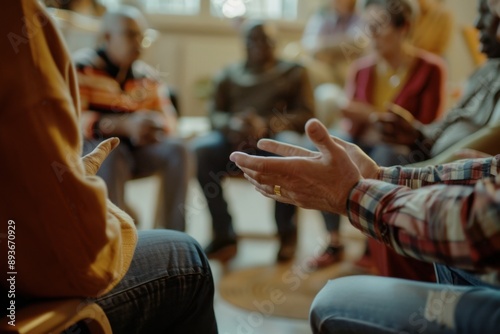 Close up of hands in a circle during a therapy session, diverse people sitting together at a support group meeting for mental health and wellness Generative AI photo