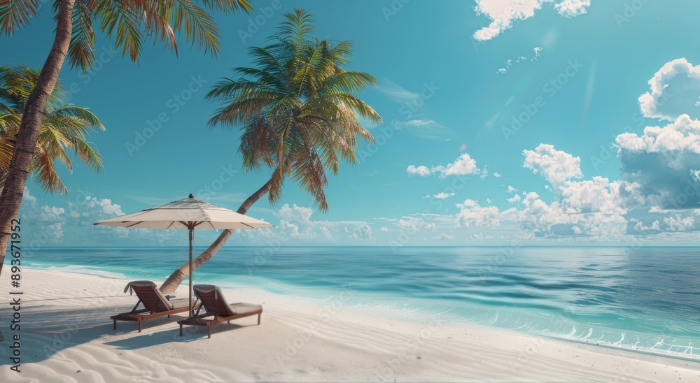 Tropical Beach Scene With Lounge Chairs Tropical Beach Scene With Lounge Chairs