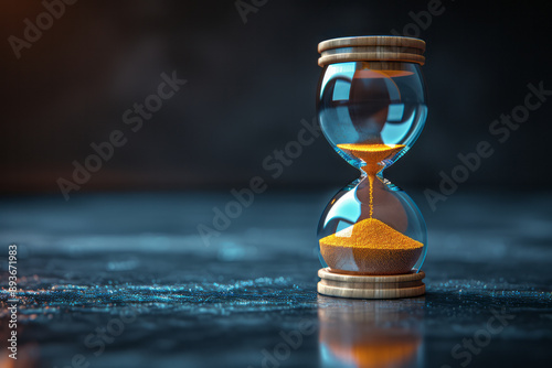 Minimalist abstract image of a sand timer with grains forming abstract shapes, on a dark background,