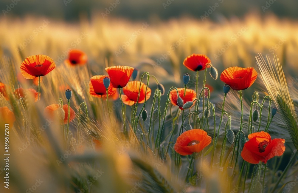 Fototapeta premium Red Poppies in a Field of Wheat