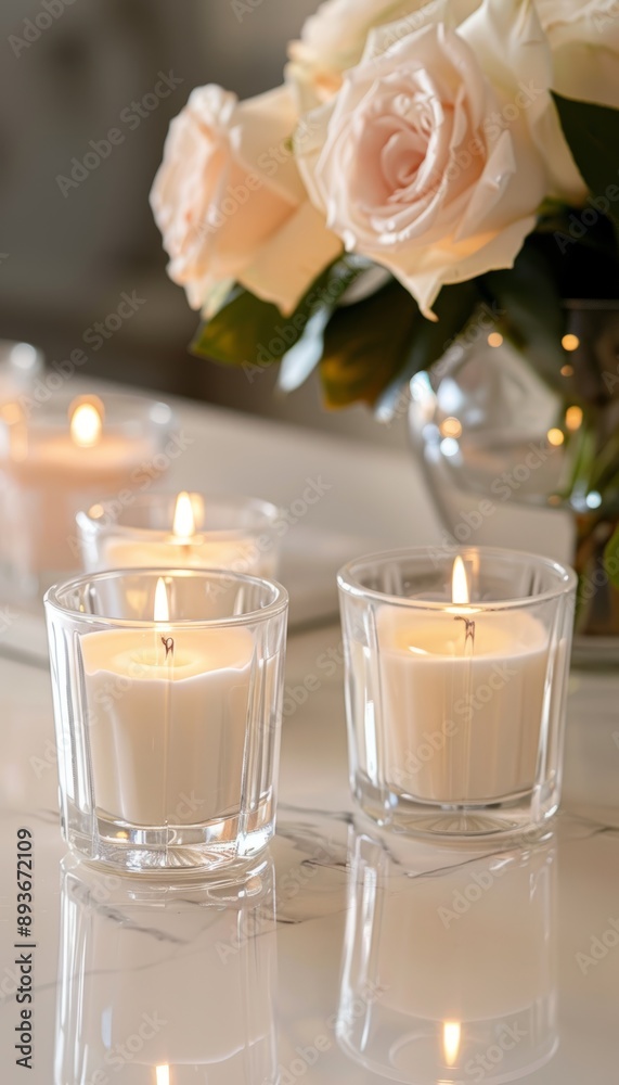 Luxurious Handmade Candles in Elegant Glass Holders on Marble Countertop for Home Décor and Relaxation Luxurious Handmade Candles in Elegant Glass Holders on Marble Countertop for Home Décor and Relaxation
