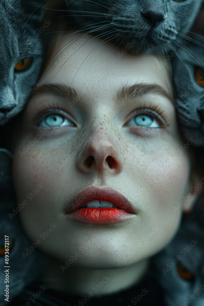 Minimalist design featuring a woman with cat features, arranged in a surreal pattern, on a dark backdrop, Minimalist design featuring a woman with cat features, arranged in a surreal pattern, on a dark backdrop,