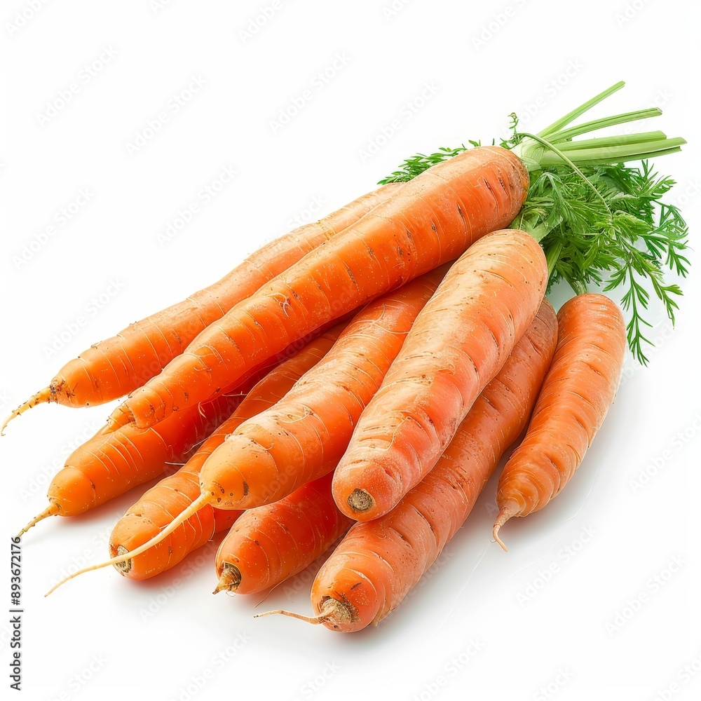Fresh organic carrots arranged in a bundle on a white background, showcasing vibrant orange color and leafy green tops. Fresh organic carrots arranged in a bundle on a white background, showcasing vibrant orange color and leafy green tops.