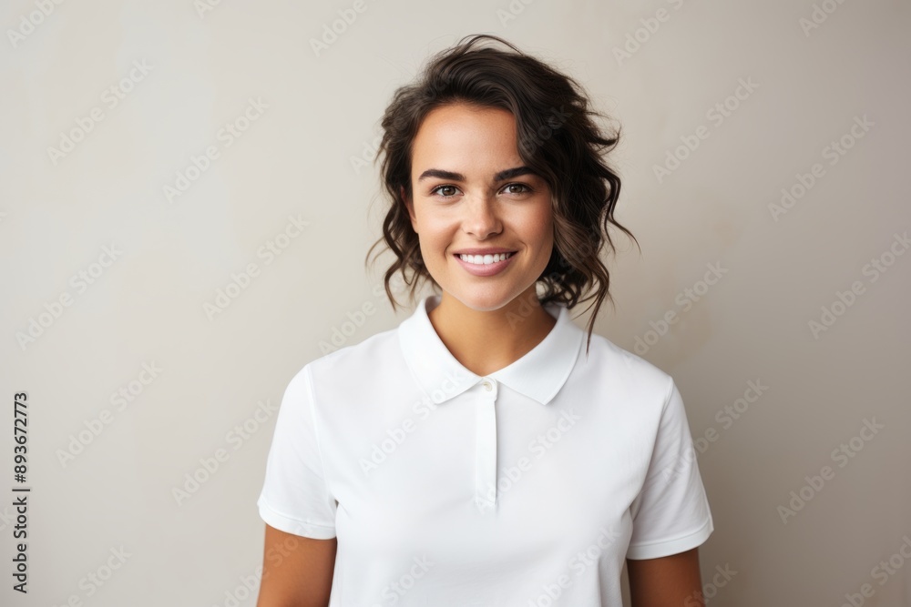 Portrait of a cheerful woman in her 20s donning a classy polo shirt over modern minimalist interior