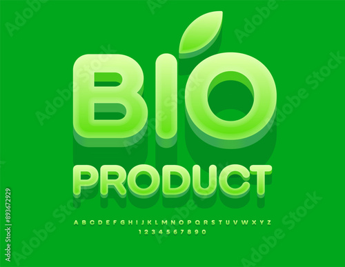 Vector healthy signboard Bio Product. Green 3D Font. Modern Alphabet Letters and Numbers. photo