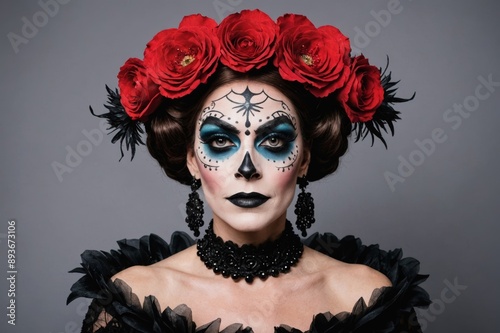 Studio portrait of Drag Queen catrin. Catrin dressed in black with flower crown. Makeup for halloween or day of the dead. photo