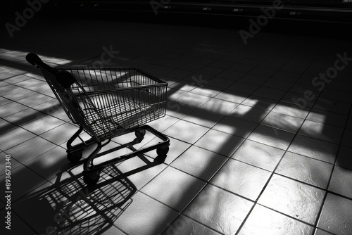 Abandoned Shopping Cart in Dimly Lit Aisle: Mysterious Supermarket Scene photo