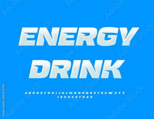 Vector advertising poster Energy Drink. Unique Glossy Font. Artistic Alphabet Letters and Numbers set.