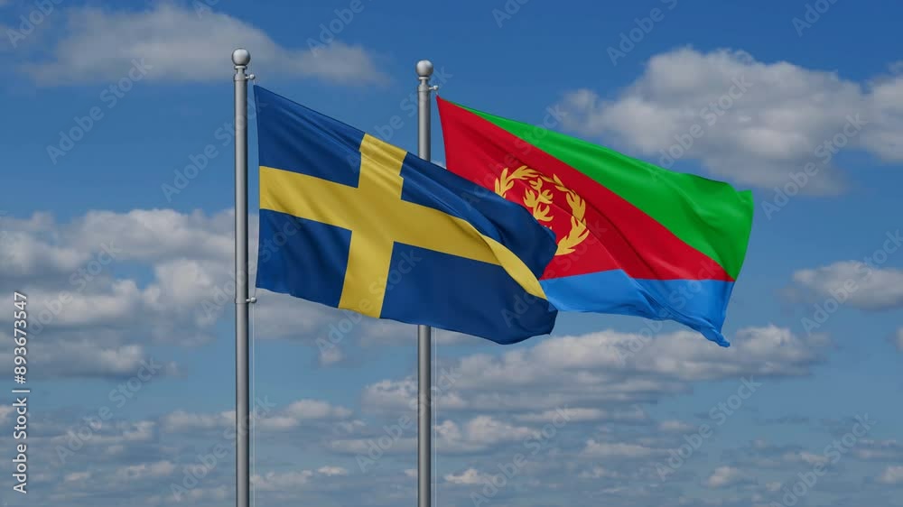 Eritrea and Sweden flags flying together, video concept of the relationship, two country cooperation concept Eritrea and Sweden flags flying together, video concept of the relationship, two country cooperation concept