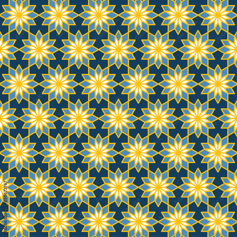 Seamless geometric pattern with flower-like shapes arranged symmetrically and repeating. Suitable for various design purposes, such as textiles, tiles, wallpapers, backgrounds, etc. Seamless geometric pattern with flower-like shapes arranged symmetrically and repeating. Suitable for various design purposes, such as textiles, tiles, wallpapers, backgrounds, etc.