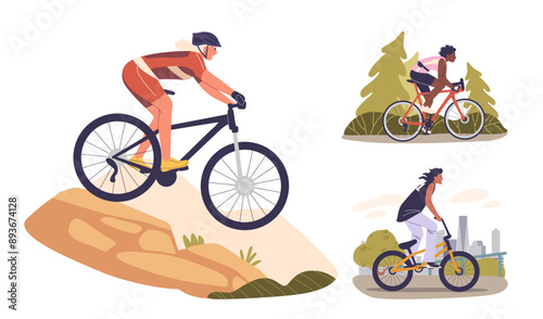 Cartoon Cyclists Characters Riding Bicycles In Various Settings, Mountain, Park And An Urban Area, Vector Illustration