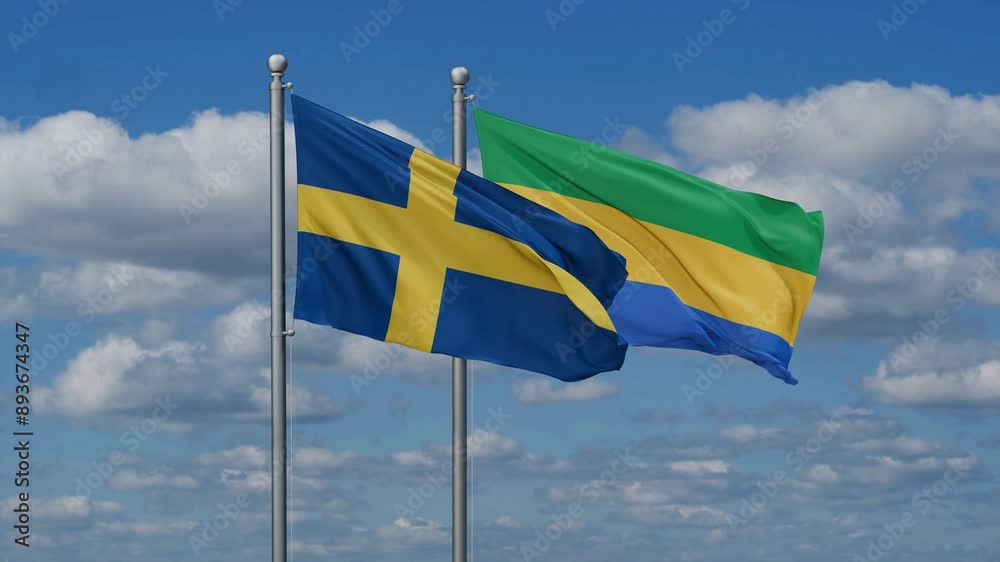 Gabon and Sweden flags flying together, video concept of the relationship, two country relations concept Gabon and Sweden flags flying together, video concept of the relationship, two country relations concept