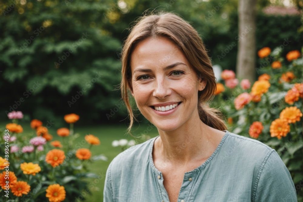 Portrait of happy caucasian woman looking at camera and smiling in garden. Portrait, face, facial expression, lifestyle and domestic life. Portrait of happy caucasian woman looking at camera and smiling in garden. Portrait, face, facial expression, lifestyle and domestic life.