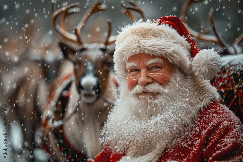Santa Claus smiling in snowfall with reindeers in the background, capturing the essence of Christmas joy and holiday spirit. Santa Claus smiling in snowfall with reindeers in the background, capturing the essence of Christmas joy and holiday spirit.