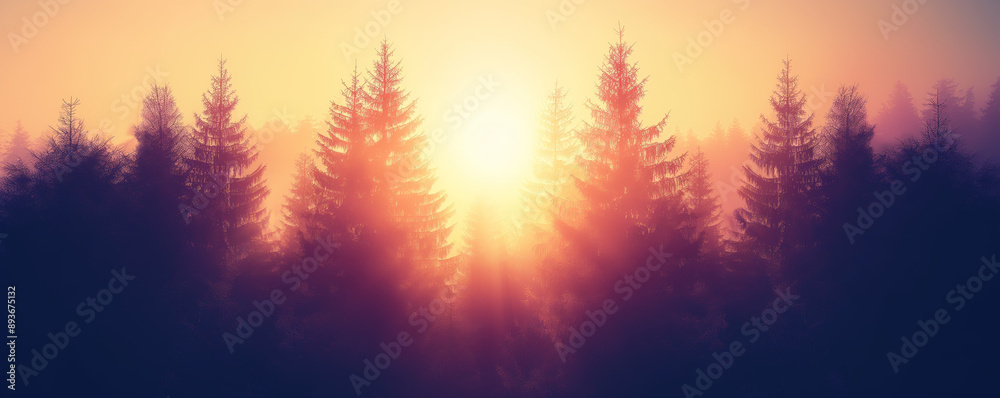 A breathtaking sunrise over a misty forest, creating a serene and magical atmosphere with the sunlight filtering through the trees