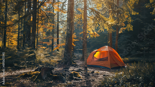Summer camping adventure in the forest with tents and trees