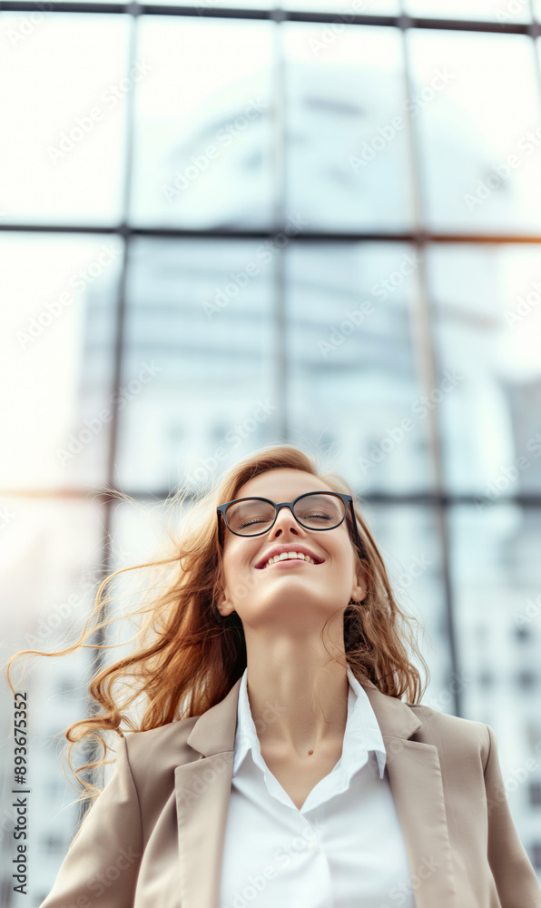 A confident, professional, and attractive Caucasian woman with wavy hair and glasses smiling while looking up, standing in front of a modern glass building A confident, professional, and attractive Caucasian woman with wavy hair and glasses smiling while looking up, standing in front of a modern glass building