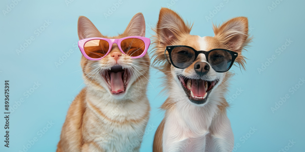 Laughing cat and dog wearing sunglasses on blue background Laughing cat and dog wearing sunglasses on blue background