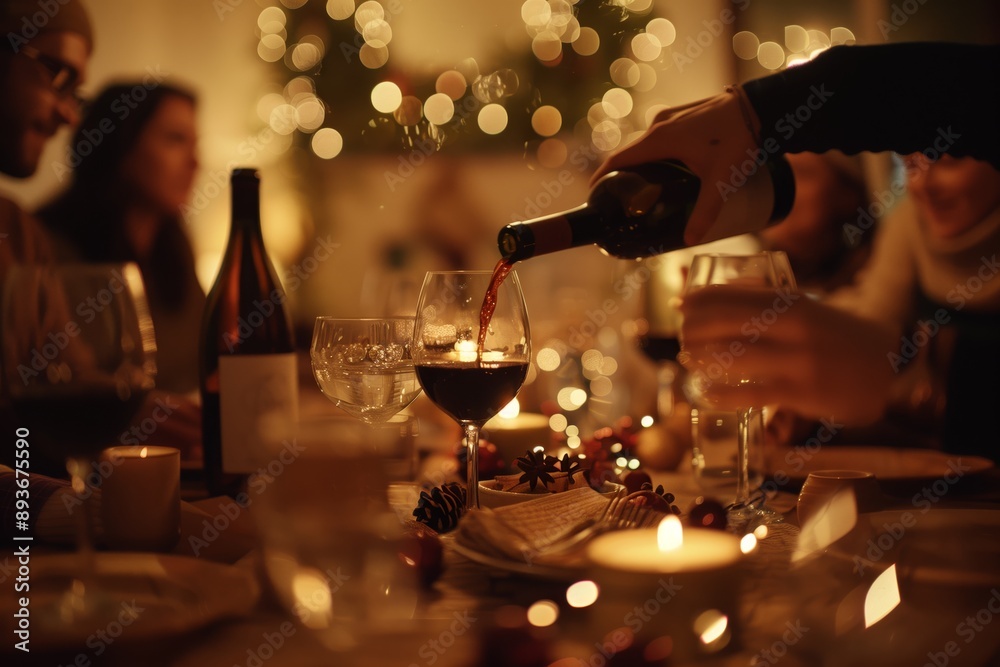 Naklejka premium Gather your friends and family for a festive holiday dinner party in a cozy and charming ambiance with wine, candlelight, and decorations, creating a celebratory and joyful atmosphere