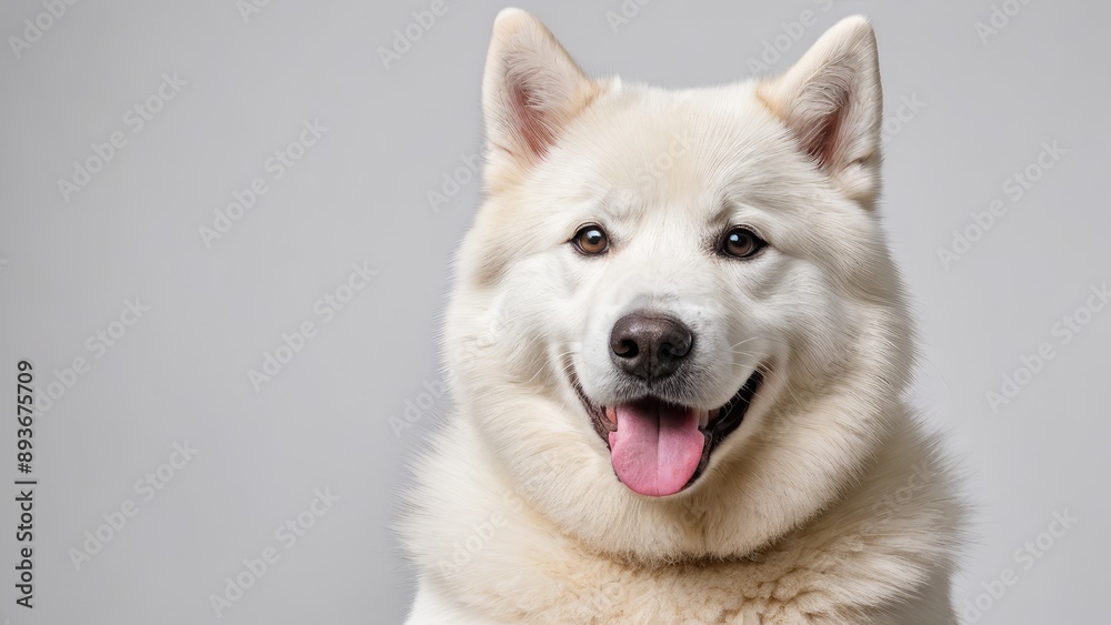 Portrait of White alaskan malamute dog on grey background Portrait of White alaskan malamute dog on grey background