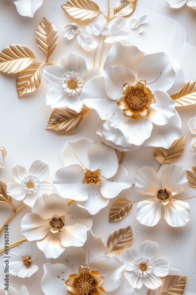 Ultra sharp photo of white and golden flowers and leaves a white background Ultra sharp photo of white and golden flowers and leaves a white background