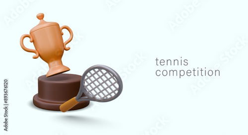 Gold cup for tennis, badminton competition. Advertising concept in realistic style
