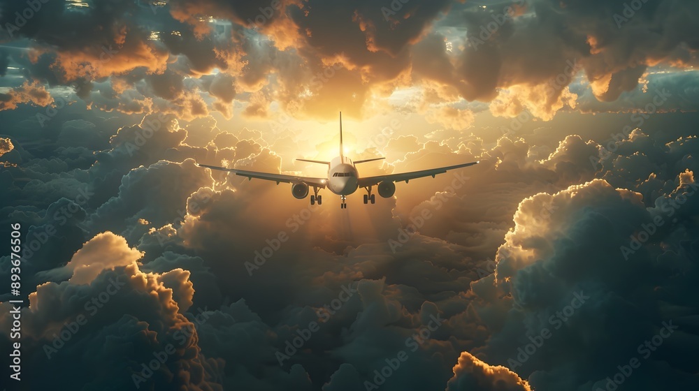 Naklejka premium Dramatic Aerial Encounter Airplane Soaring Through Clouded Skies with Radiant Sunlight