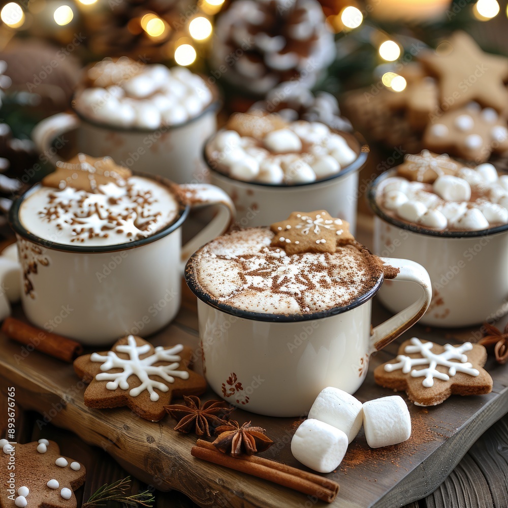Cozy holiday scene with hot cocoa, marshmallows, gingerbread cookies, and festive decorations. Perfect for Christmas celebrations and winter warmth. Cozy holiday scene with hot cocoa, marshmallows, gingerbread cookies, and festive decorations. Perfect for Christmas celebrations and winter warmth.