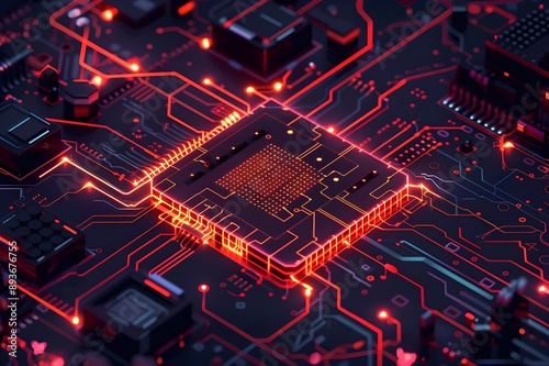 a microchip with detailed pins and circuits. Highlight the central processing unit (CPU) in the middle with a glow effect to emphasize its importance. 