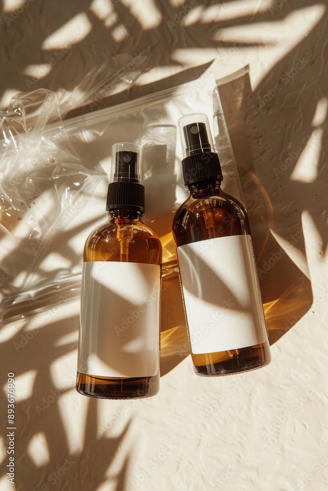 Fototapeta premium Brown Spray Bottles With Blank Labels in Sunlight
