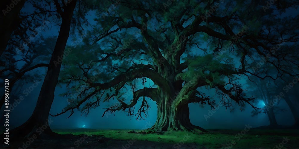 Fantasy illustration of mystical forest in night, dark blue themed full of trees in the fog Fantasy illustration of mystical forest in night, dark blue themed full of trees in the fog