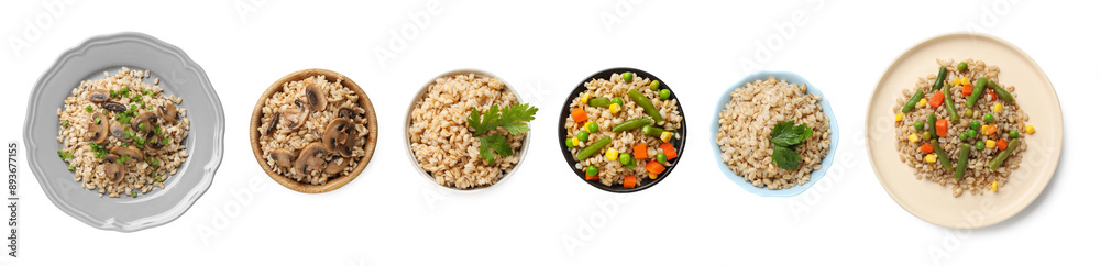Set of pearl barley porridge isolated on white, top view Set of pearl barley porridge isolated on white, top view