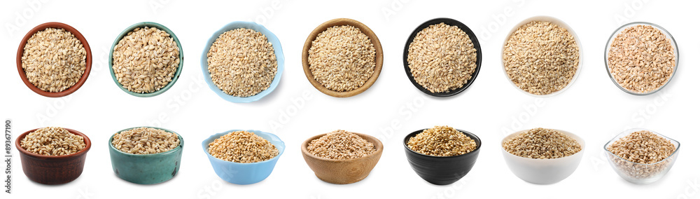 Pearl barley groats in bowls on white background, top and side views Pearl barley groats in bowls on white background, top and side views