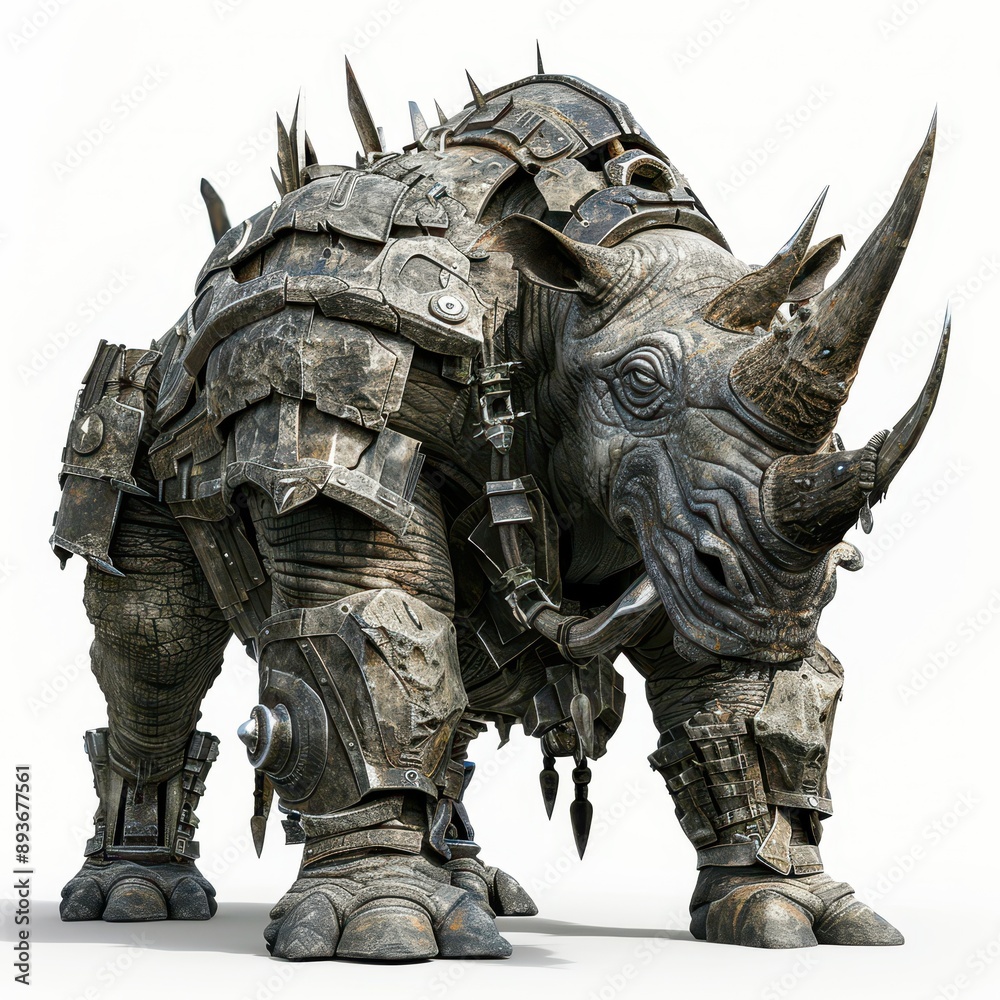 Fototapeta premium A giant armored rhino, covered in spiked and layered armor, menacing look