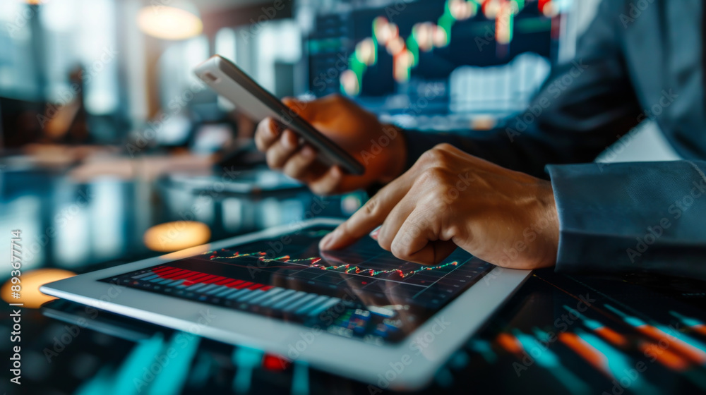 Close-up of the hands of an experienced investor analyzing financial charts on a digital tablet against the backdrop of a modern office. Concept of growth, decline, cryptocurrency. Close-up of the hands of an experienced investor analyzing financial charts on a digital tablet against the backdrop of a modern office. Concept of growth, decline, cryptocurrency.