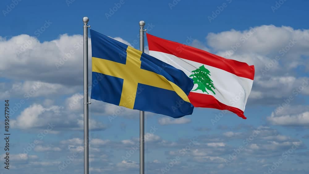 Lebanon and Sweden flags flying together, video concept of the relationship, two country cooperation concept Lebanon and Sweden flags flying together, video concept of the relationship, two country cooperation concept