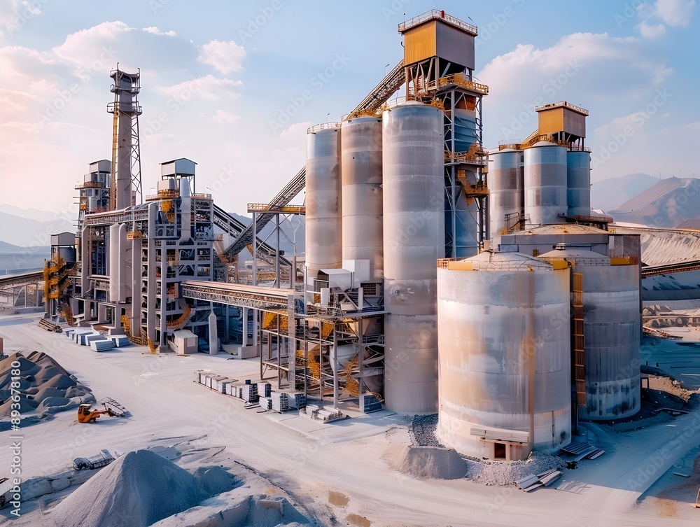 Obraz premium Expansive Cement Factory with Towering Silos and Conveyor Belt System